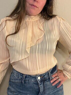 Vintage 70s Huk A Poo Sheer Cream Ruffle High Neck Secretary Striped Blouse S/M